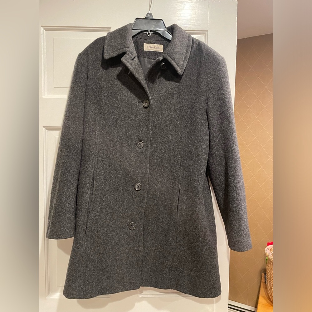 Clean simple Calvin Klein charcoal gray A line button down wool coat.